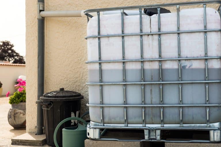 Zbiornik na deszcz&oacute;wkę i pojemnik na śmieci na zewnątrz domu.