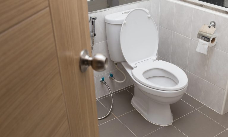 Toaleta w łazience z białym sedesem i papierem toaletowym na ścianie.