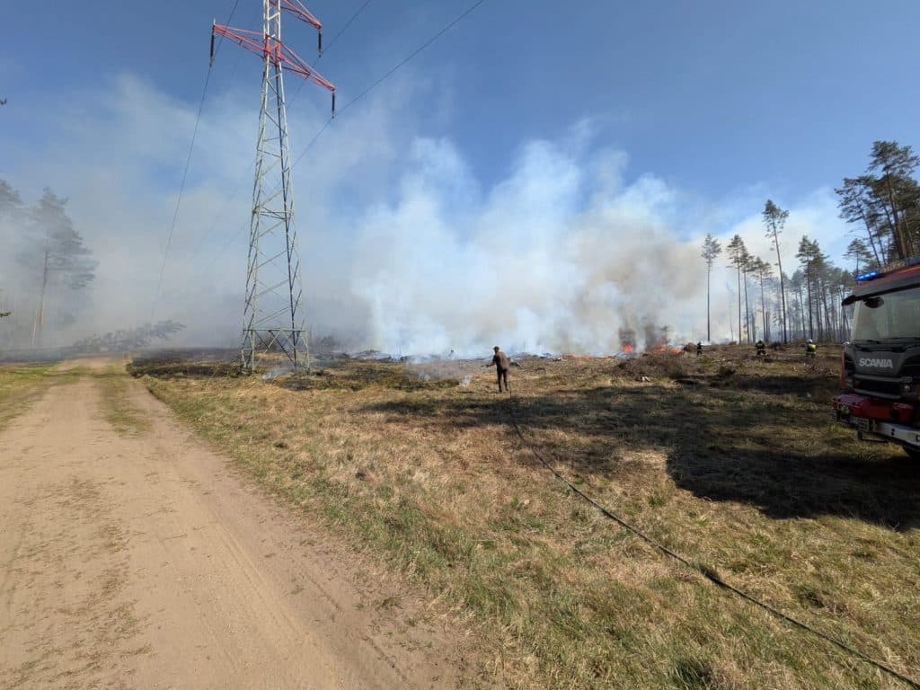Pożar lasu na Mazurach, widok na płonący teren i strażak&oacute;w w akcji, w tle niebo z dymem i chmury.