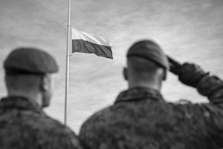 Dw&oacute;ch żołnierzy salutuje przy fladze Polski na tle nieba, w czerni i bieli.