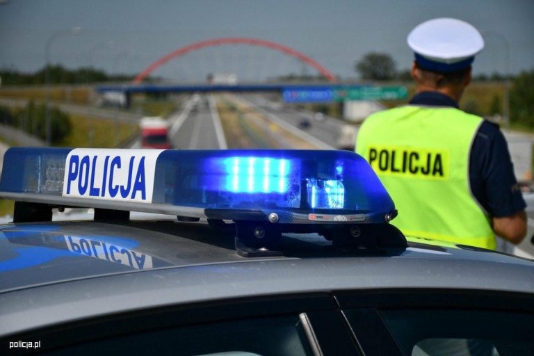 Policjant na drodze podczas kontroli, widoczny radiow&oacute;z z włączonymi światłami.