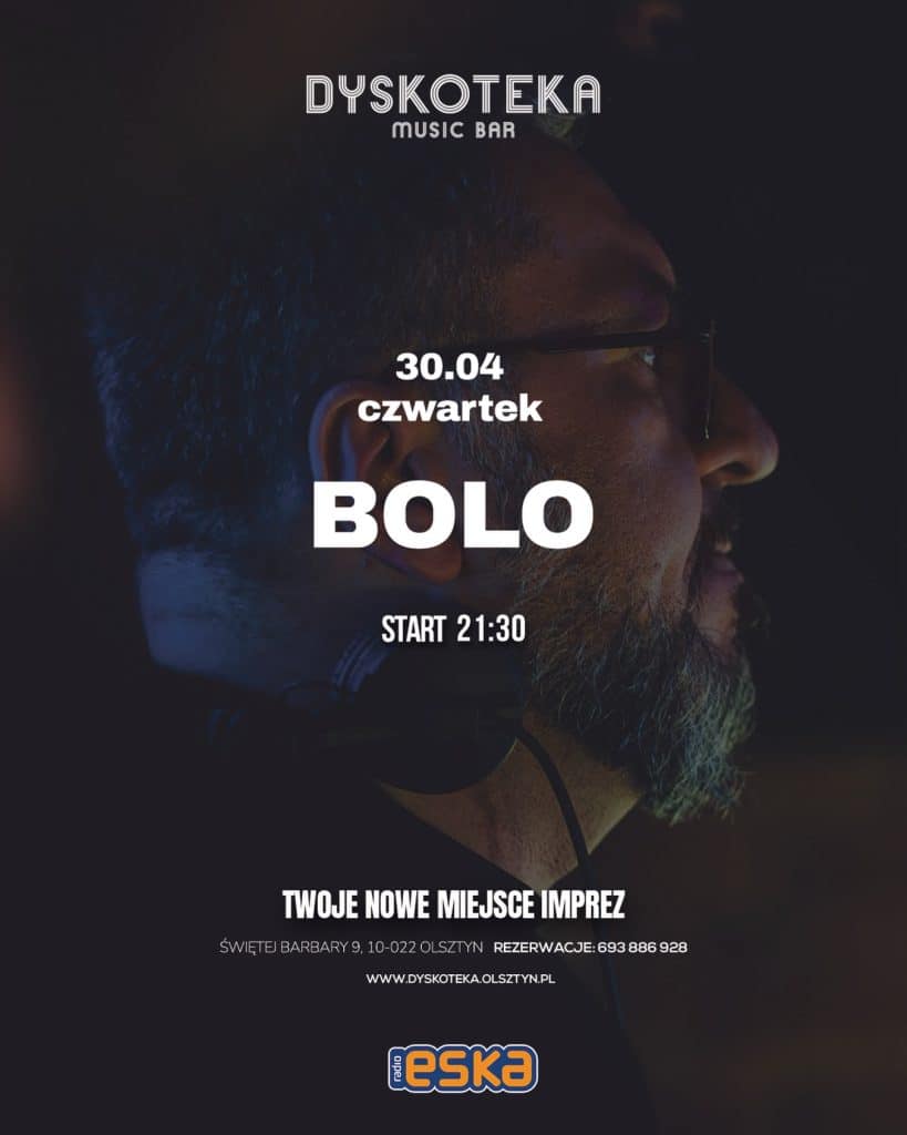 Plakat promujący trzydniowe imprezy w Dyskotece Music Bar w Olsztynie, z wizerunkiem mężczyzny w słuchawkach.