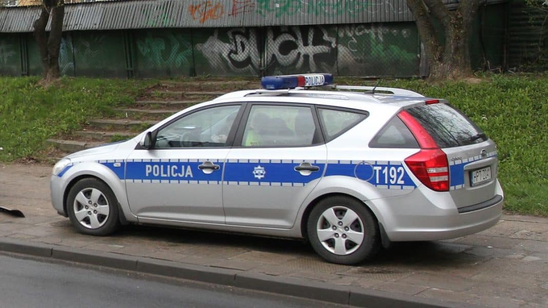 Policja na ulicy, samoch&oacute;d policyjny na poboczu, w tle drzewa i graffiti.
