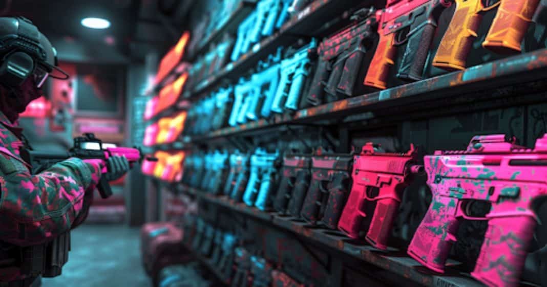 Gracz przegląda ofertę skin&oacute;w w sklepie w grze CS2, na tle p&oacute;łek z r&oacute;żnorodnymi przedmiotami.