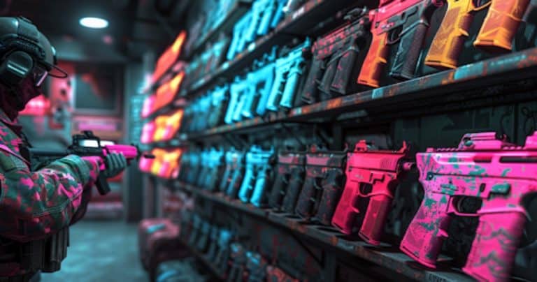 Gracz przegląda ofertę skin&oacute;w w sklepie w grze CS2, na tle p&oacute;łek z r&oacute;żnorodnymi przedmiotami.