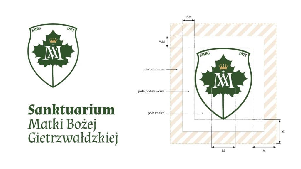 Projekt identyfikacji wizualnej sanktuarium Matki Bożej Gietrzwałdzkiej, obejmujący symbol i wytyczne konstrukcyjne.