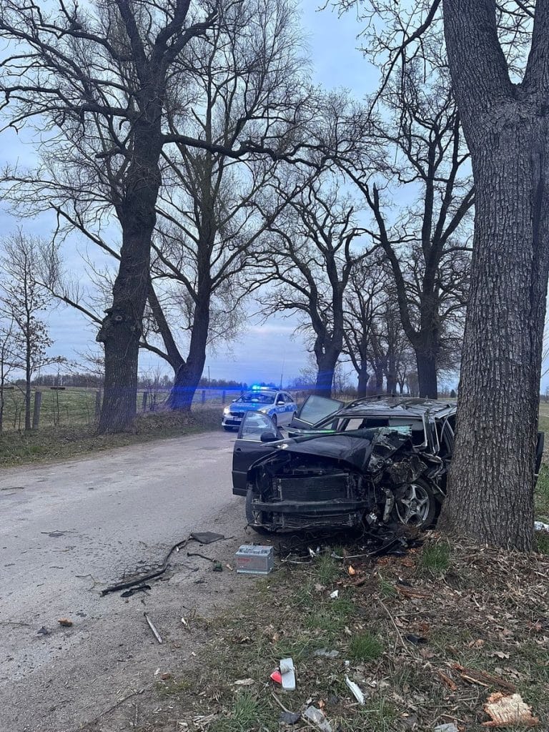 Rozbity samoch&oacute;d o drzewo na drodze w regionie, z uszkodzeniami i rozrzuconymi elementami wok&oacute;ł.