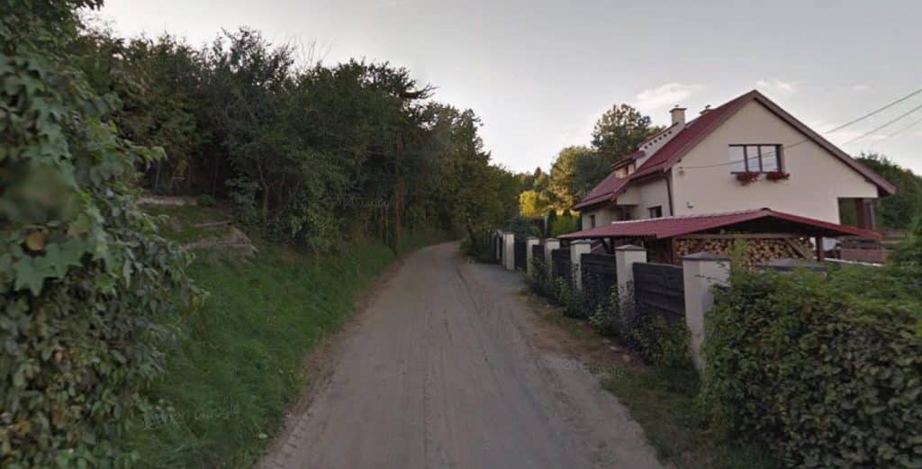 Wąska, nieutwardzona droga w otoczeniu dom&oacute;w i zieleni w miejscowości Ruś.