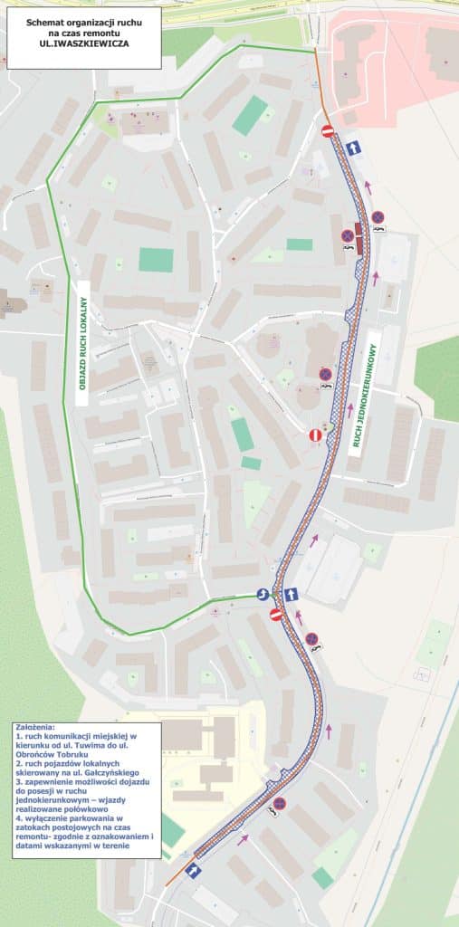 Mapa zmian w organizacji ruchu na ul. Iwaszkiewicza w Olsztynie podczas remontu drogi.