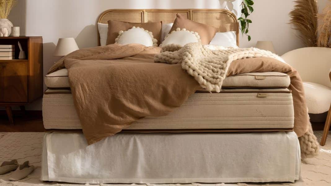 Ł&oacute;żko z pościelą w ciepłych odcieniach, na kt&oacute;rym leży miękki koc i poduszki, w przytulnym wnętrzu.