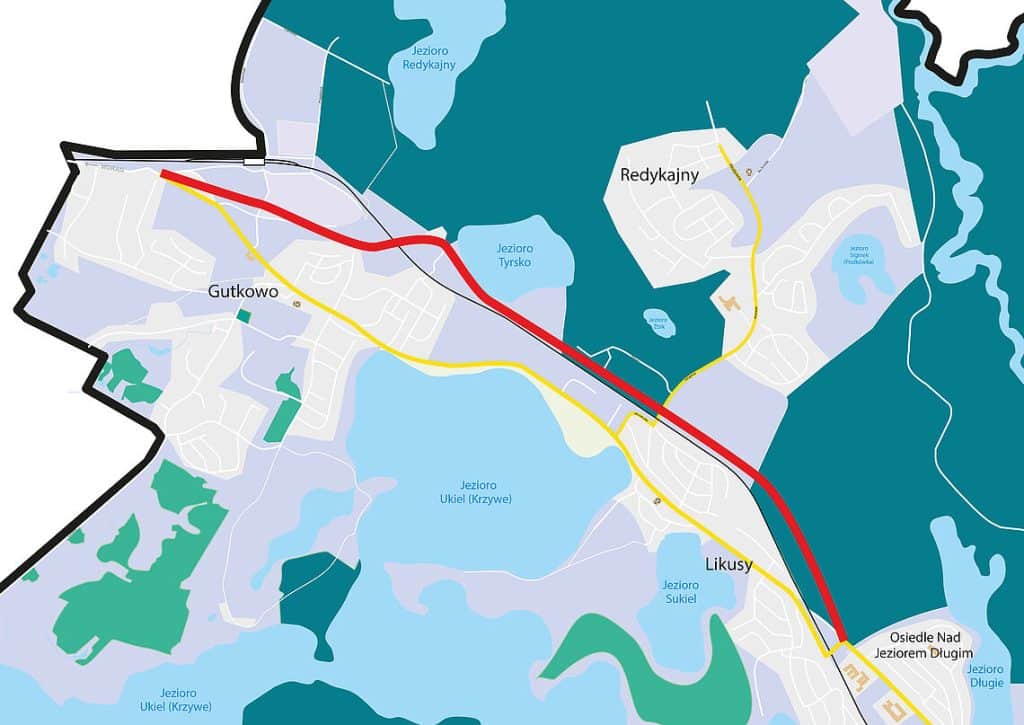Mapa okolic jezior i planowanej trasy ulicy Nowobałtyckiej w Olsztynie.