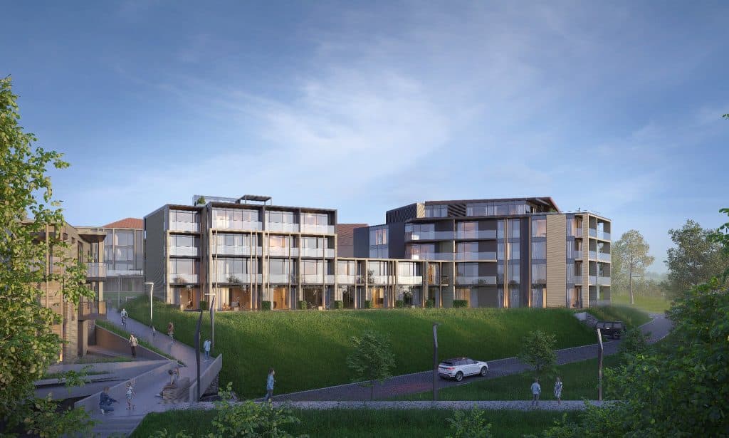 Nowoczesne apartamenty nad jeziorem na tle zielonego terenu i nieba.