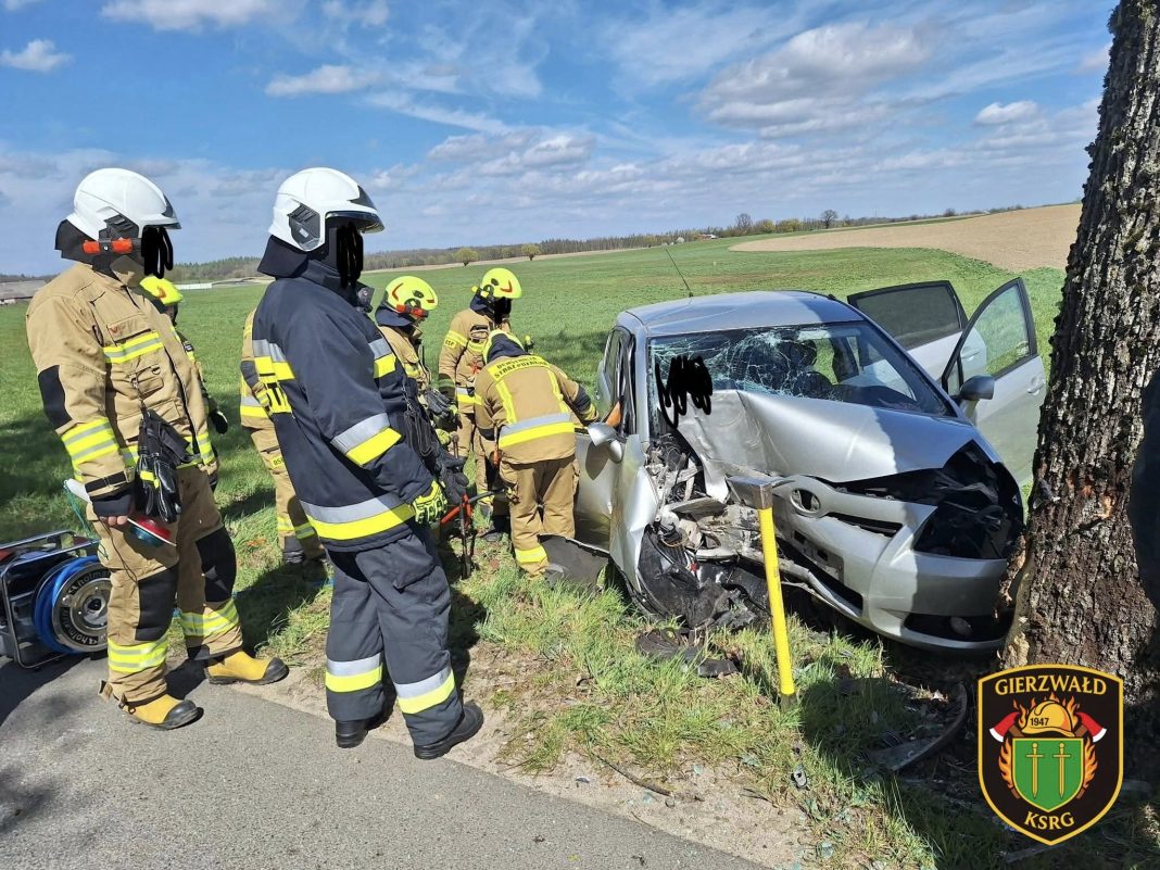 Samoch&oacute;d uderzył w drzewo na polu, ratownicy pracują przy zakleszczonej osobie.