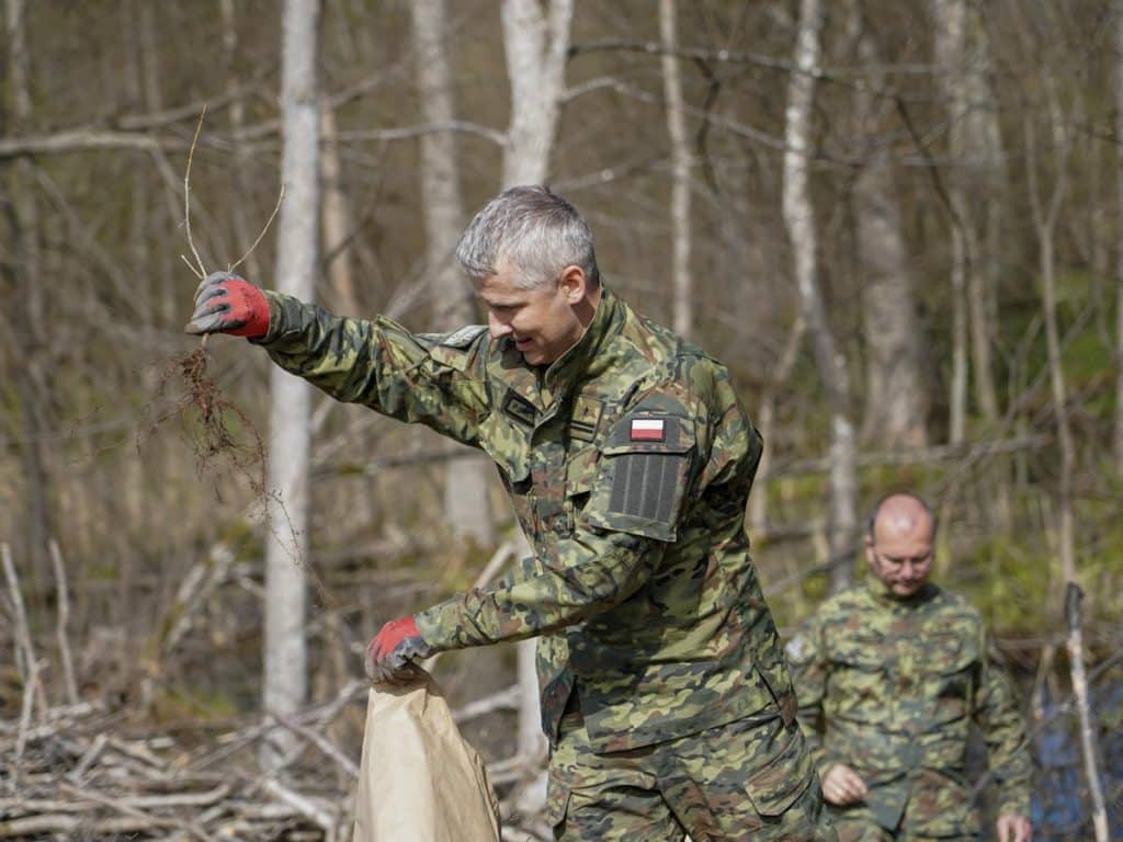 Mężczyzna w mundurze leśnym sadzi drzewo podczas akcji w lesie na Mazurach.