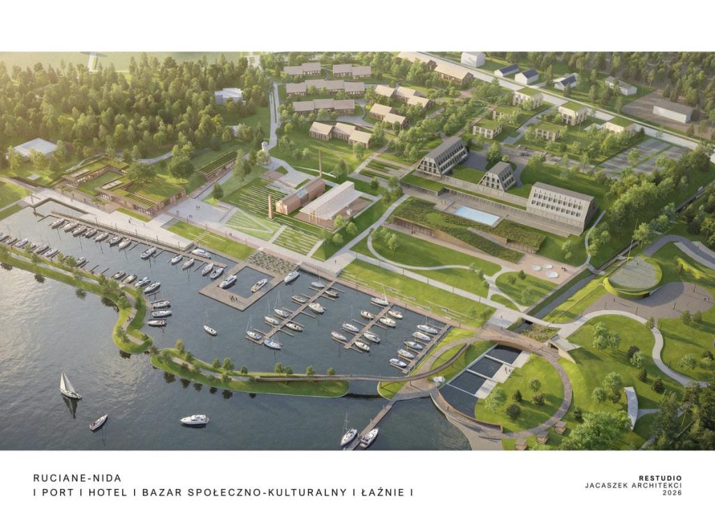 Widok planu nowoczesnego portu nad jeziorem Guzianka Wielka, z mariną i infrastrukturą rekreacyjną.