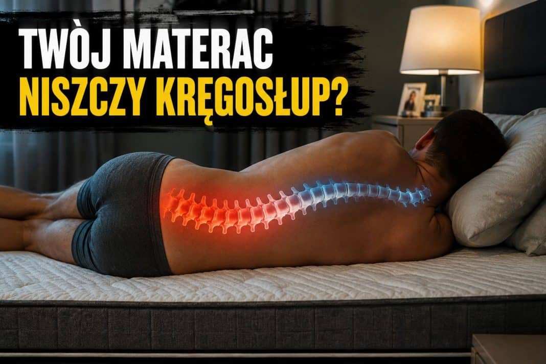 Mężczyzna śpi na boku na łóżku, z ilustracją kręgosłupa na plecach, w tle lampka nocna i ramka na zdjęcia.