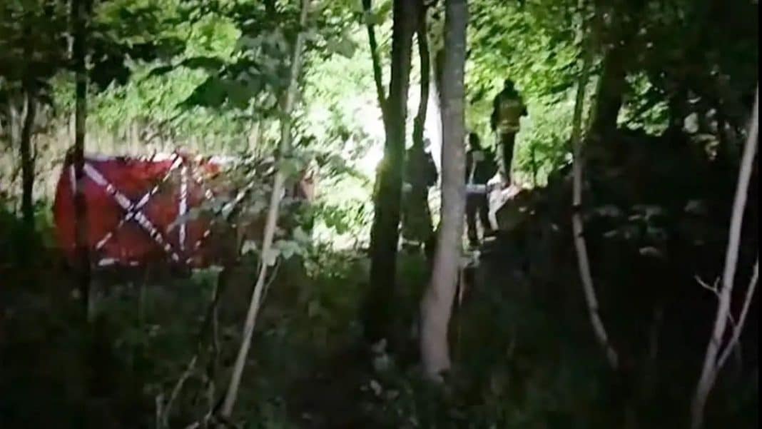 Zdjęcie z lasu nad jeziorem Arklickim, w kt&oacute;rym widać zarośla i fragmenty sprzętu lub materiał&oacute;w.