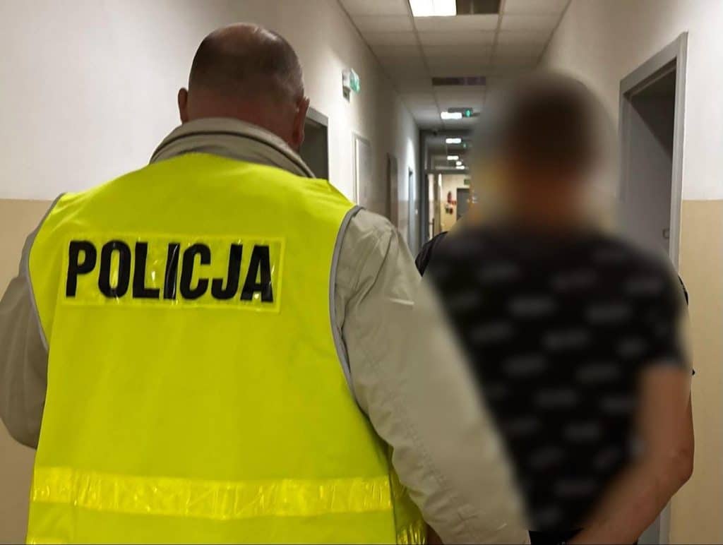 Policjant prowadzi zatrzymanego mężczyznę w korytarzu, widoczny od tyłu, w kamizelce z napisem POLICJA.
