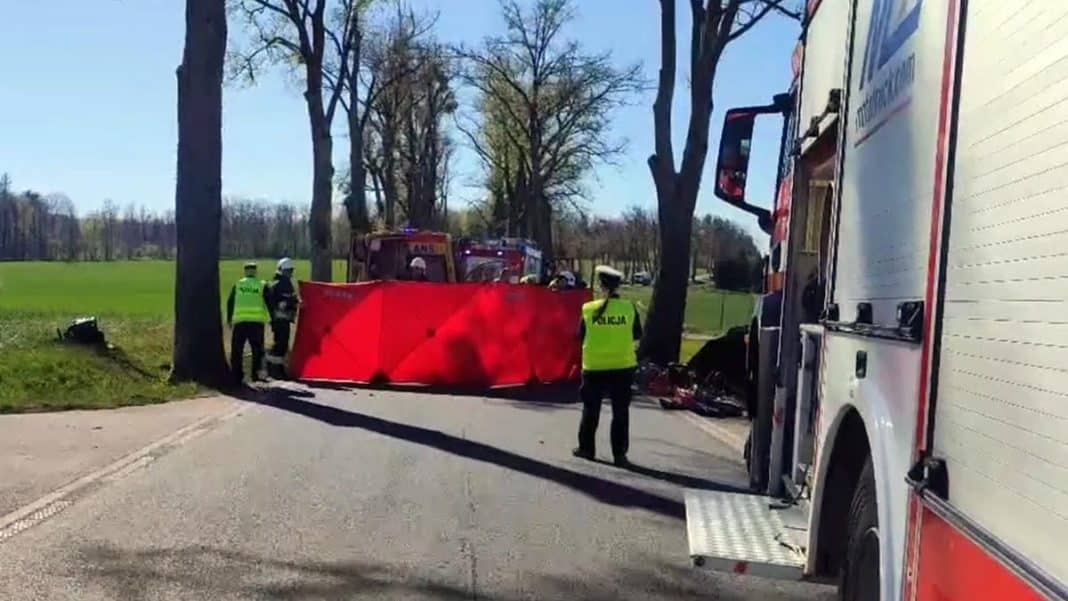 Wypadek na Mazurach, straż pożarna i policja na miejscu zdarzenia, samoch&oacute;d uderzył w drzewo.