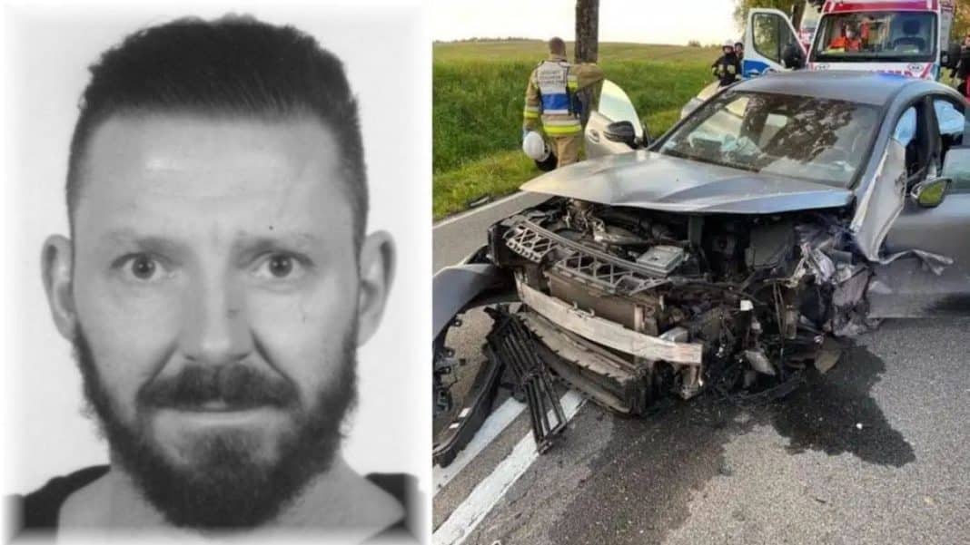 Zdjęcie poszukiwanego adwokata i uszkodzonego samochodu po wypadku drogowym.