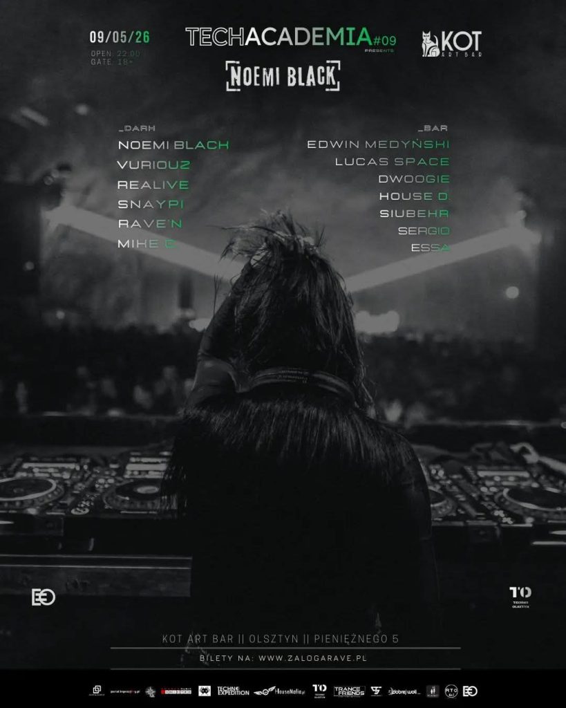 Plakat promujący wydarzenie TECHACADEMIA w Olsztynie z występem Noemi Black, grafika z DJ-em i listą artyst&oacute;w.