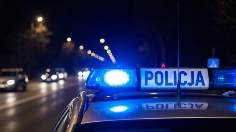 Policja na drodze S16 z włączonymi sygnałami świetlnymi w nocy.