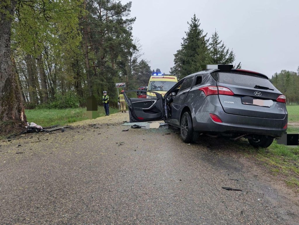 Wypadek samochodowy w Skocze, samoch&oacute;d uderzył w drzewo, na miejscu służby ratunkowe.