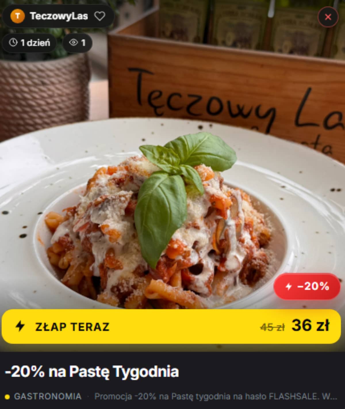 Zdjęcie talerza z makaronem i świeżą bazylią w restauracji Tęczowy Las w Olsztynie.