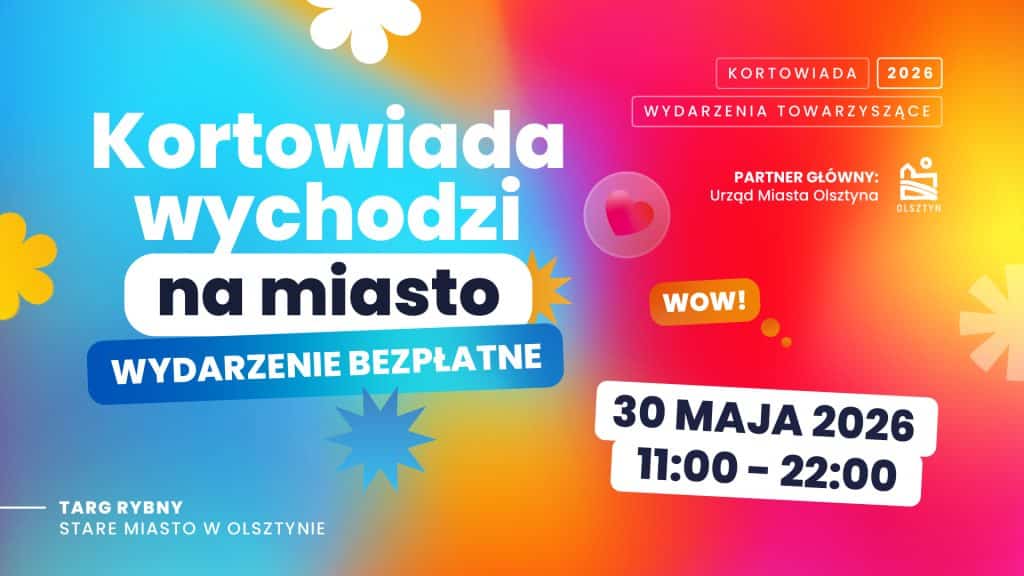 Kolorowa grafika promująca wydarzenie Kortowiada wychodzi na miasto na Starym Mieście w Olsztynie.