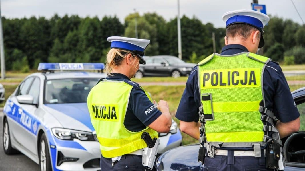 Dwoje policjant&oacute;w na drodze podczas kontroli, w tle radiow&oacute;z i samochody.