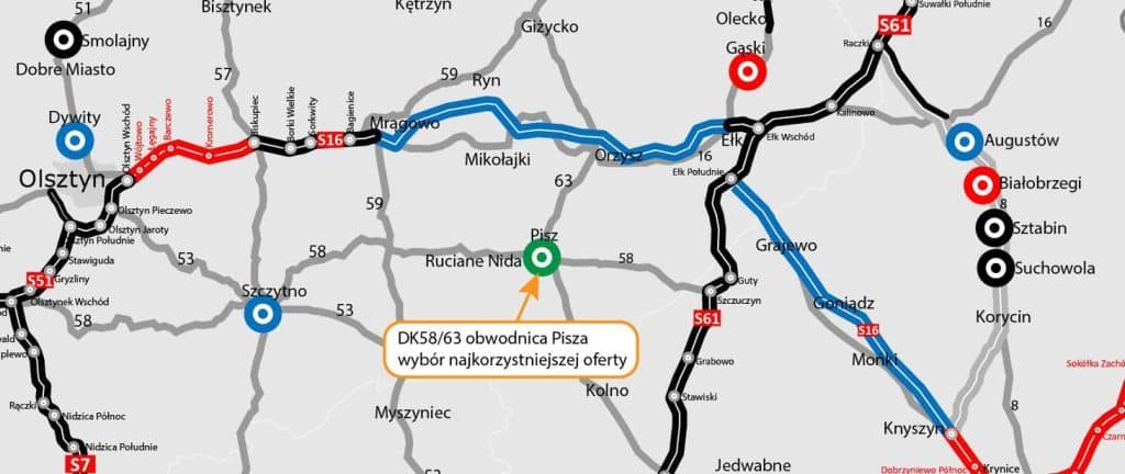 Mapa z zaznaczonymi trasami obwodnicy Pisza i okolic, z wyr&oacute;żnieniem wybranej oferty.