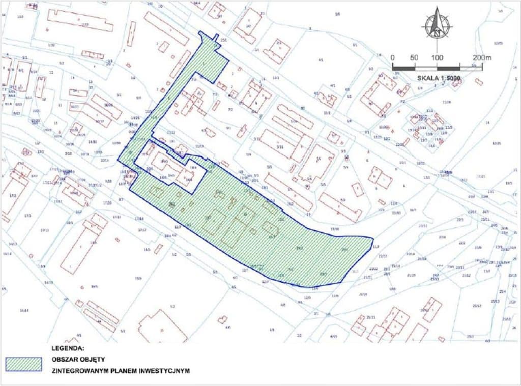 Plan zagospodarowania terenu pod nowy park handlowy w Olsztynie, zaznaczony na mapie.