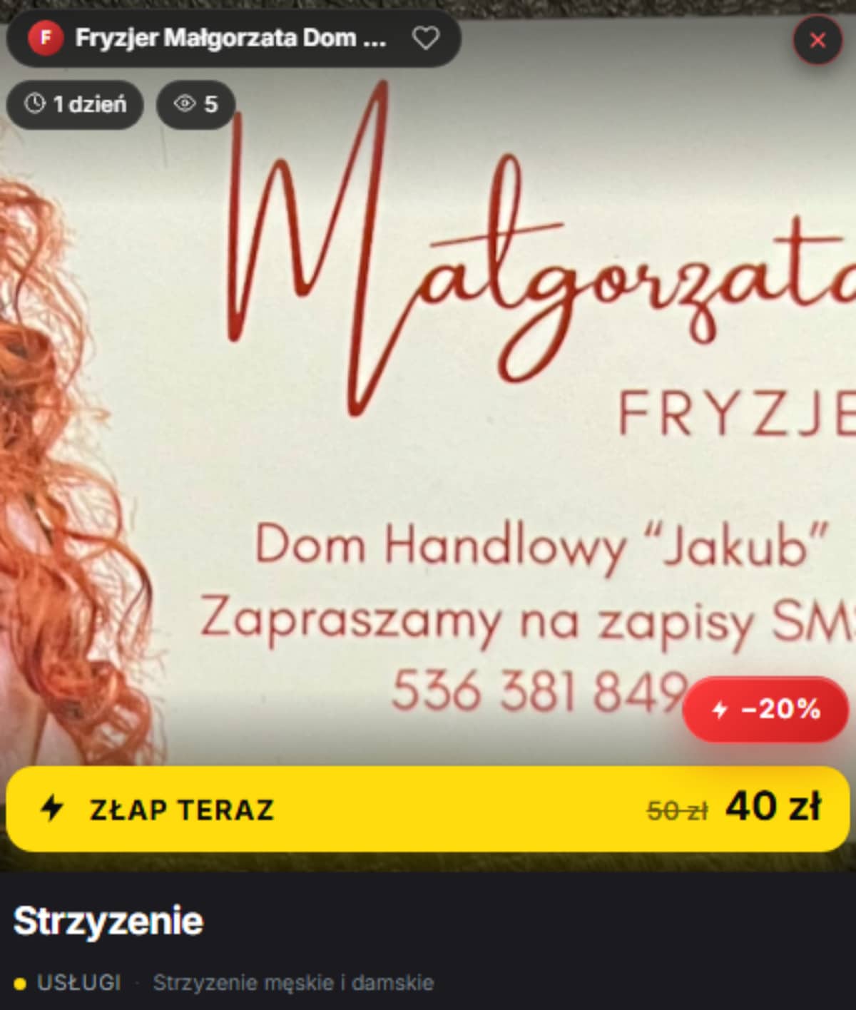 Zdjęcie reklamy z ofertą zniżki na usługę fryzjerską w Olsztynie.