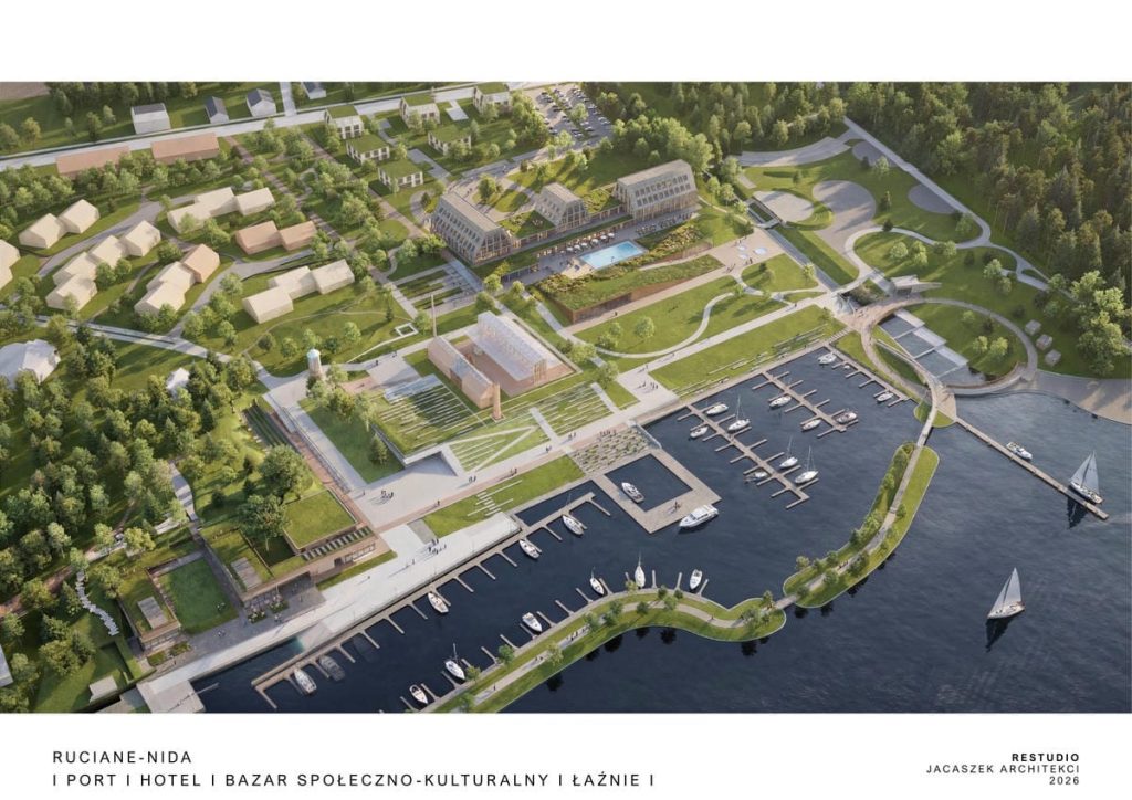 Widok na planowany nowoczesny port nad jeziorem Guzianka Wielka na Mazurach.