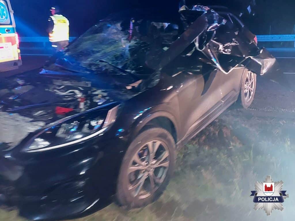 Uszkodzony samoch&oacute;d po zderzeniu z łosiem na drodze S7 w wojew&oacute;dztwie warmińsko-mazurskim.