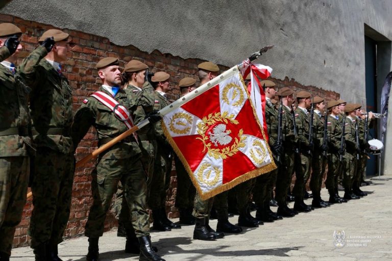 Żołnierze Obrony Terytorialnej podczas uroczystości święta jednostki, trzymający flagę i salwujący honory.