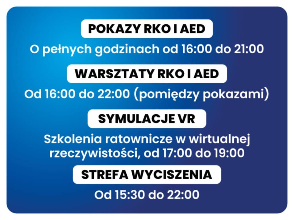 Plakat informacyjny o warsztatach i szkoleniach z zakresu pierwszej pomocy na festiwalu Kortowiada.