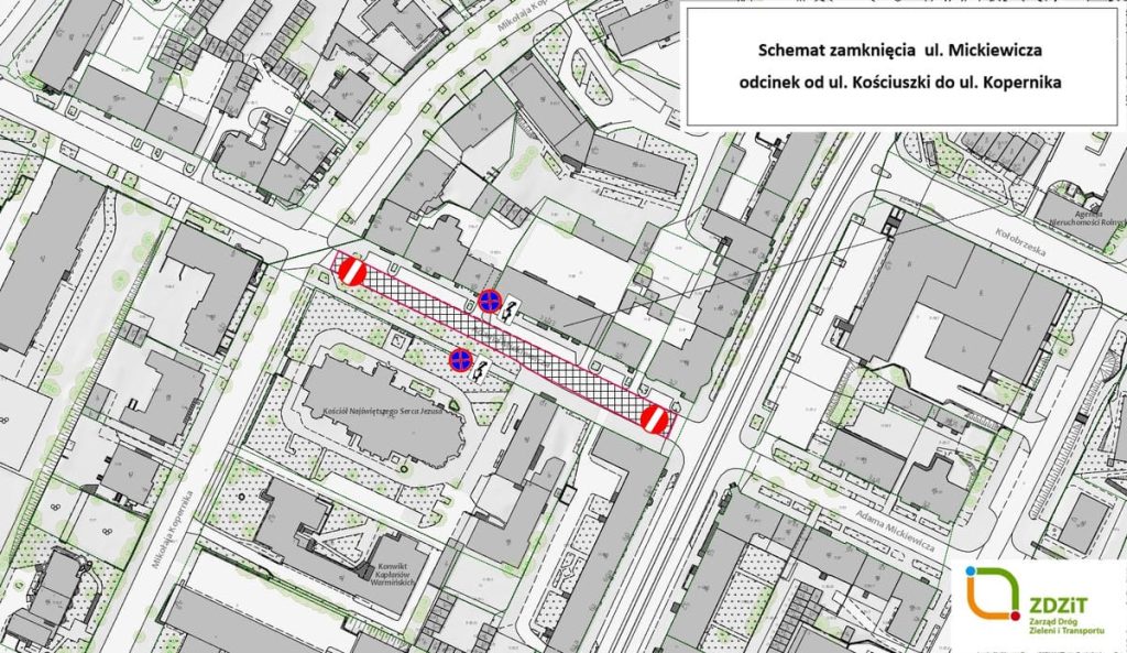 Plan zamknięcia ul. Mickiewicza w centrum Olsztyna z oznaczeniami objętych pracami i objazdami.