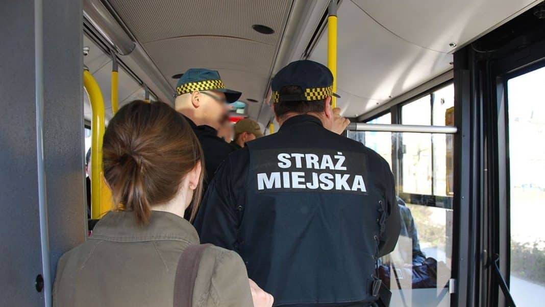 Strażnik miejski w kamizelce kuloodpornej podczas kontroli w autobusie.