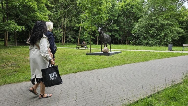 Dwie kobiety patrzą na rzeźbę jelenia w parku, wokół dużo zieleni i ławki.