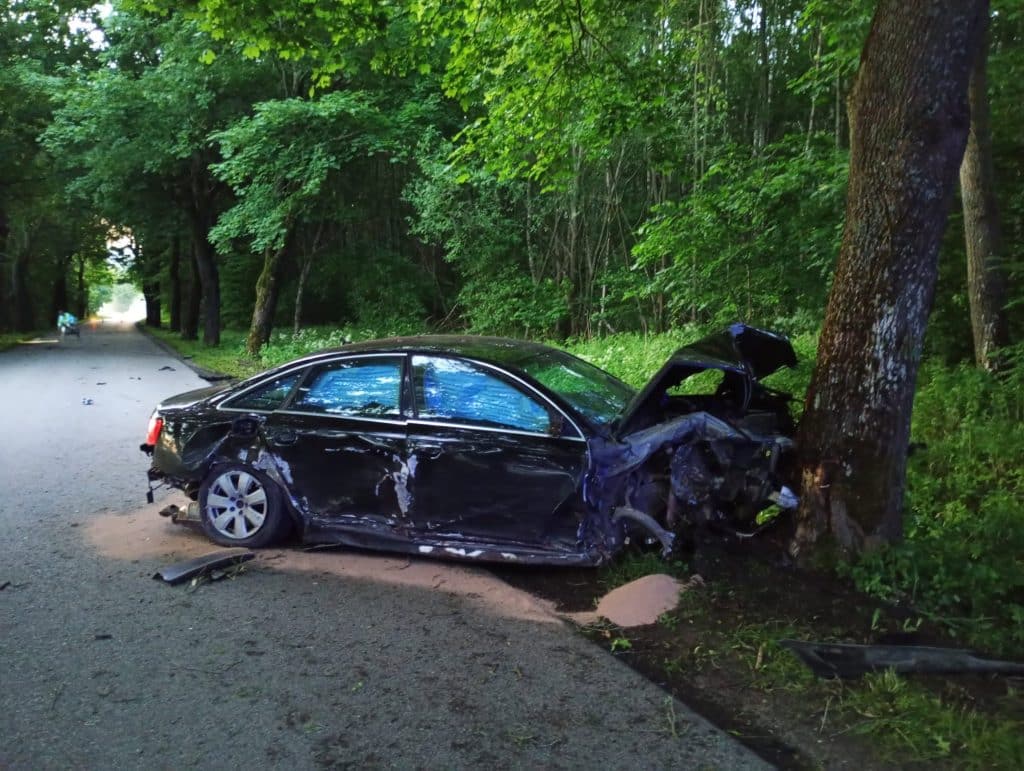 Rozbity czarny samochód na poboczu w lesie, uszkodzony z przodu, z otwartym maską, obok drzewa.