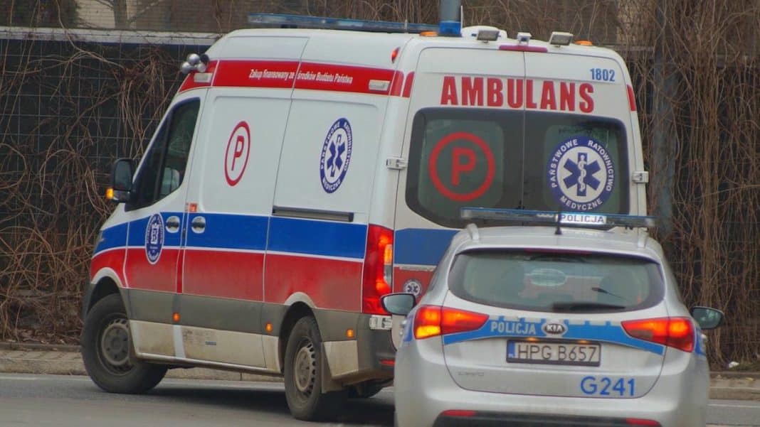 Ambulans i policyjny samochód na ulicy, w tle krzewy i drzewa.