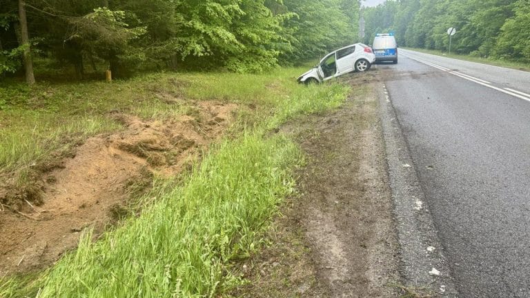 Samochód osobowy wypadł z drogi i znajduje się w rowie przy drodze krajowej nr 51, otoczony zielonym lasem.