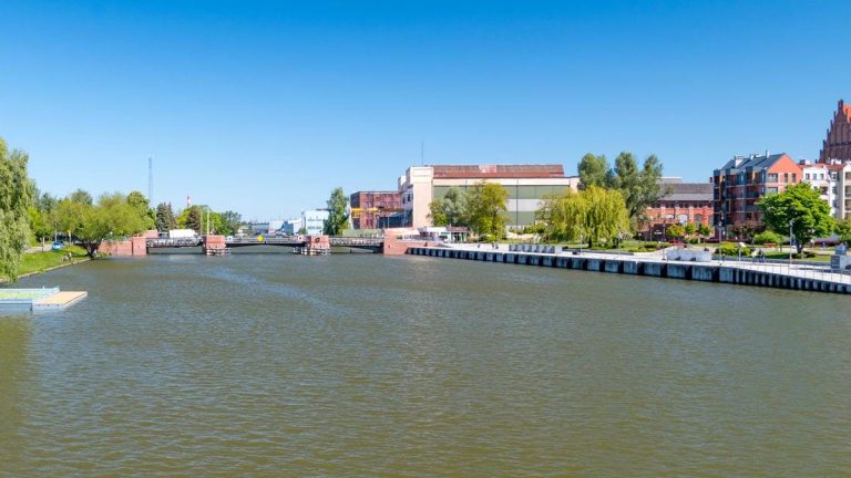 Widok na rzekę Elbląg z brzegiem, drzewa i budynki w tle, bez ludzi na zdjęciu.