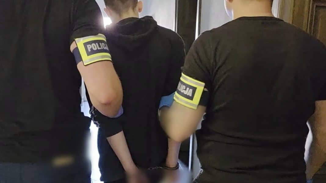 Policjanci zatrzymują zamaskowanego mężczyznę w sklepie RTV i AGD w Olsztynie.