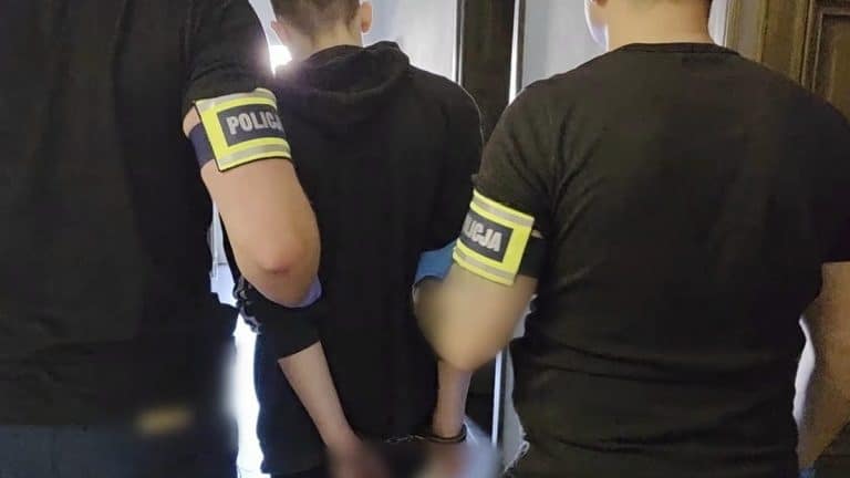 Policjanci zatrzymują zamaskowanego mężczyznę w sklepie RTV i AGD w Olsztynie.