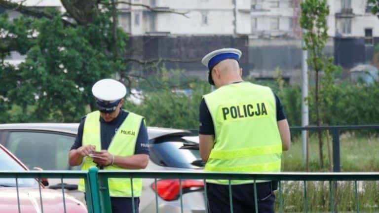 Dwóch policjantów w kamizelkach odblaskowych przy samochodach na ulicy, jeden z nich sprawdza telefon.