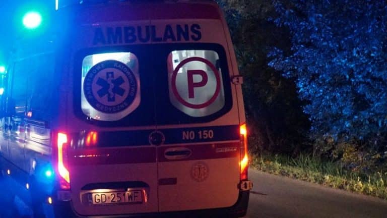 Ambulans na leśnej drodze w nocy, oświetlony światłami sygnalizacyjnymi, w tle drzewa.