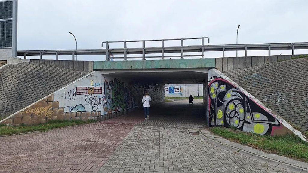 Pod wiaduktem na ulicy w Olsztynie widoczne graffiti na ścianach i słupach, podkreślające legalne miejsce na street art.