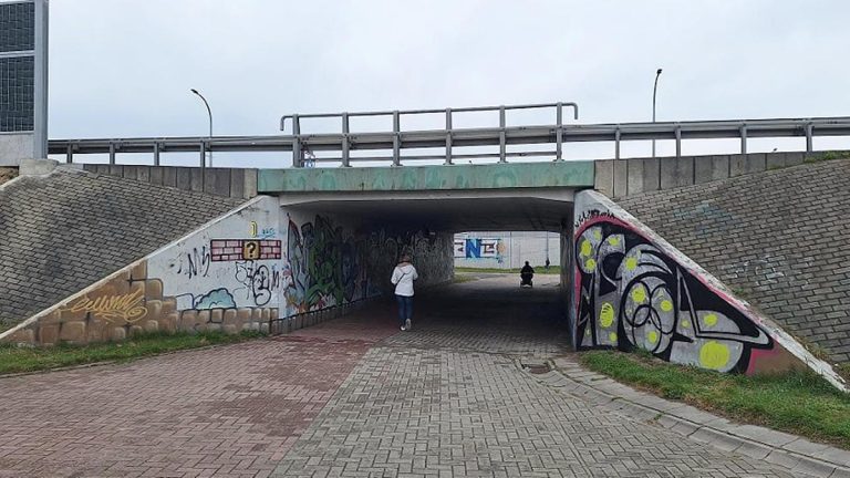 Pod wiaduktem na ulicy w Olsztynie widoczne graffiti na ścianach i słupach, podkreślające legalne miejsce na street art.